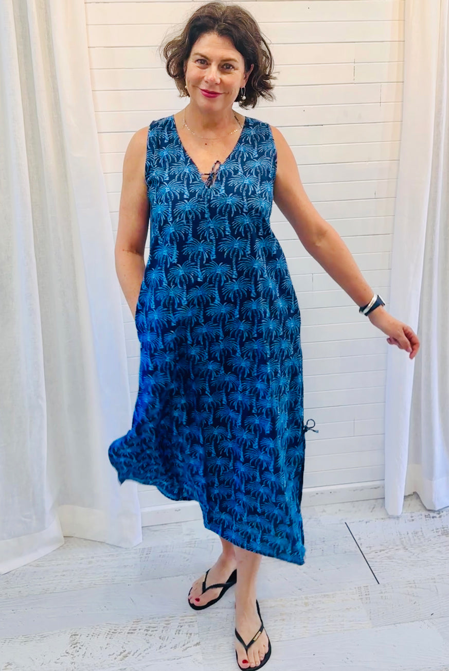 Wood Block Palm Tree Cotton Maxi Dress