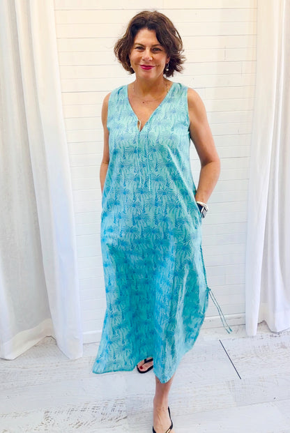 Wood Block Palm Tree Cotton Maxi Dress