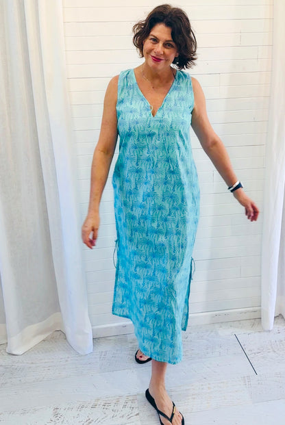 Wood Block Palm Tree Cotton Maxi Dress