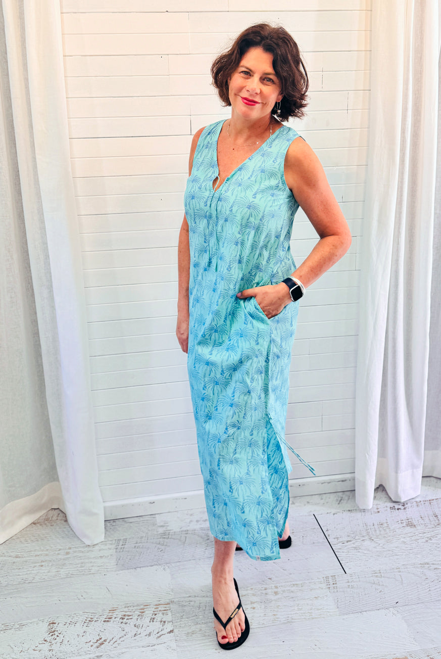 Wood Block Palm Tree Cotton Maxi Dress